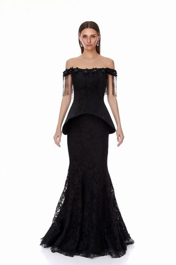Black Boat Neck Off Shoulder Tassel Evening Dress